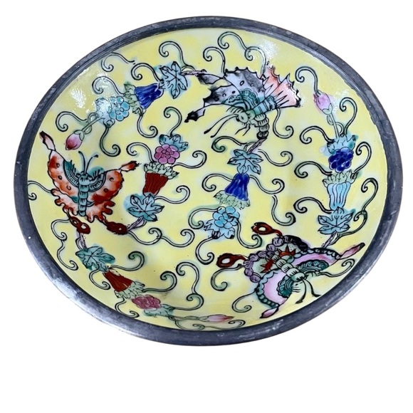 Neiman Marcus Japanese Porcelain Ware HandPainted Yellow Dish Encased in Pewter - Picture 1 of 8